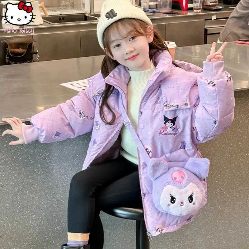 Sanrio Anime Cartoon Girls Kuromi Thickened Hooded Down Jacket Kawaii Winter New Kids Warm Cotton Jacket Customer Service Tops H251104