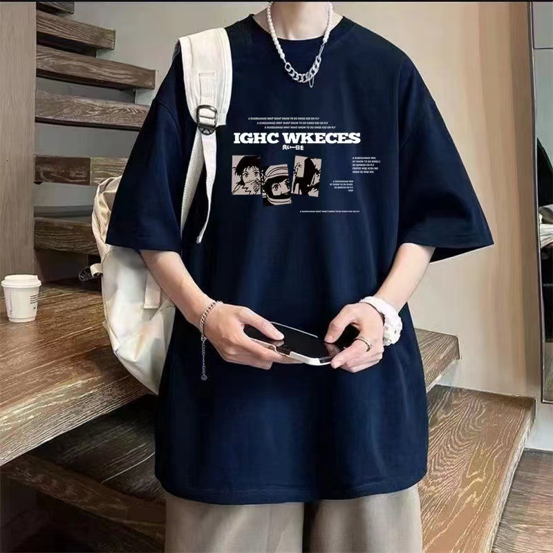 New summer design sense niche cartoon print short sleeved men's trendy brand T-shirt with 5/4 sleeves