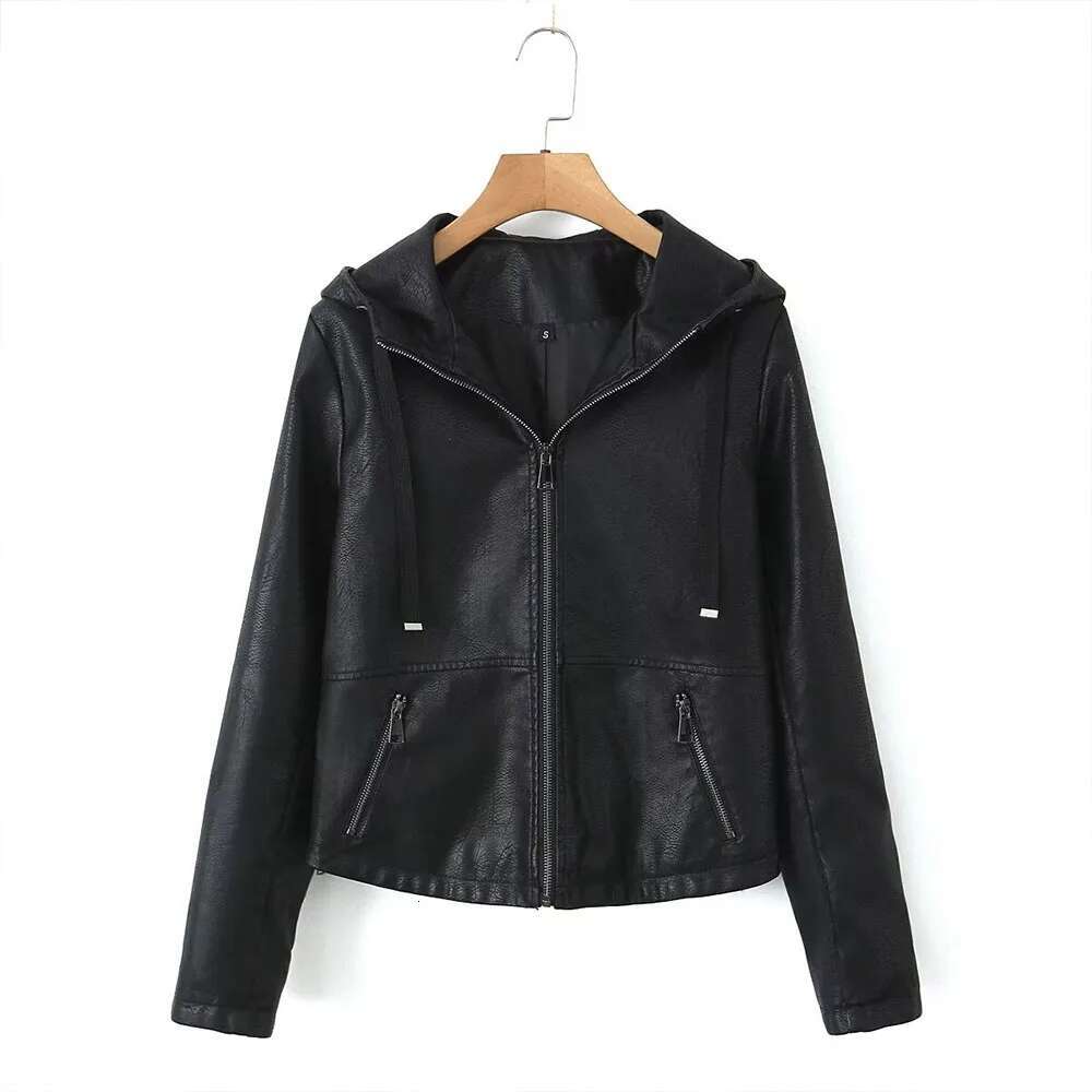 Autumn New Women's Fashion Casual Joker Temperament Commuting Slim Zipper Hooded Leather Jacket.