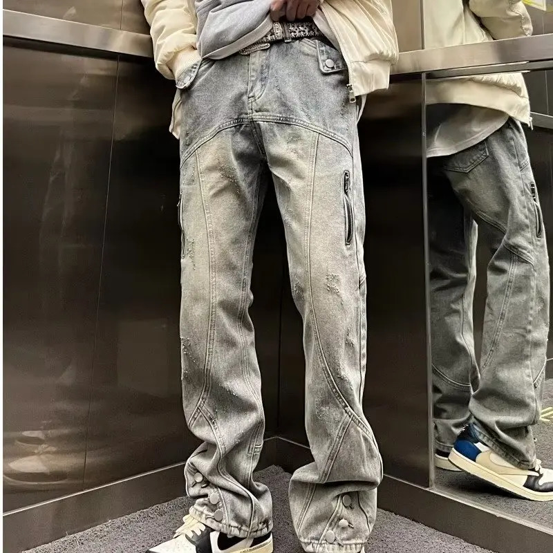 High Street American retro jeans with loose fit for men and women zipper slack 250402