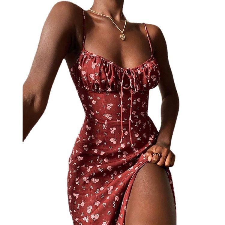 2025 new summer suspender dress floral skirt backless slim Slip dress hip wrap dress women