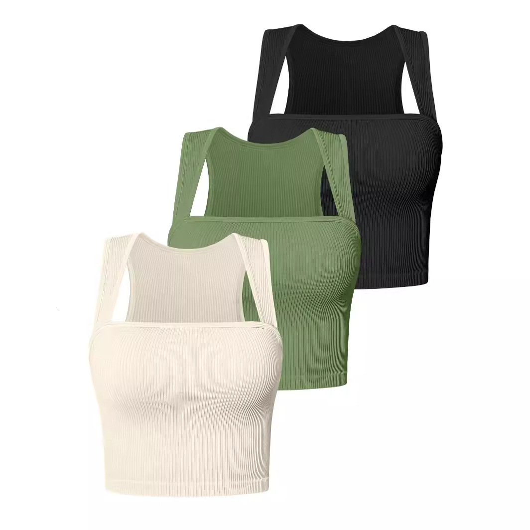 2025 TEMU Summer New Women's Sleeveless Square Neck Elastic T-shirt with Umbilical Strap Tank Top