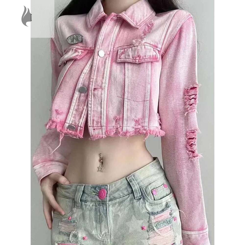 hoodie hoodie hoodie Zoki Sexy Cropped Hole Denim Jackets Women Streetwear Vintage Slim Y2K Jean Coats American Long Sleeve Female Haruku Pink Tops ja