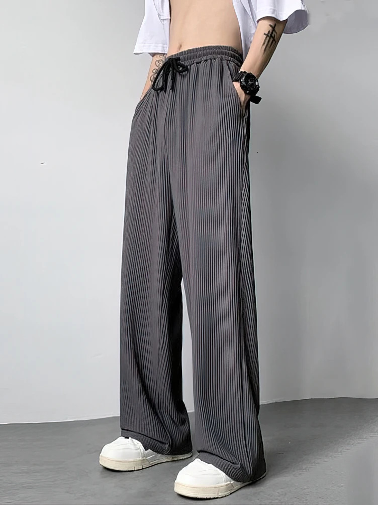 Summer straight silk casual pants mens high waisted pleated pants thin sports wide leg sports pants mens bag 250402