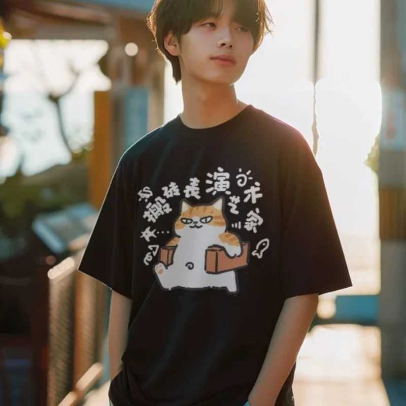 ZAZOMDE 2025 Premium High-Street Cat Pattern Plus Size Round-Neck T-Shirt For Men Women Cotton Top Tees Breathable 3-Color W250403