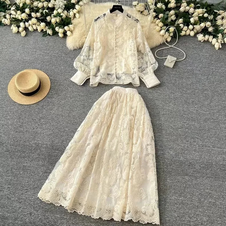 Elegant 2 Piece Long Dress Women Skirt Set Summer Autumn Flower Embroidery Hollow Out Lace Shirt A Line Midi Skirt Party Dresses 250403