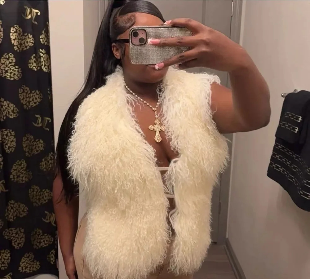spice Mongolian sheepskin girl vest autumn and winter sexy big back hair collar camisole top 250328