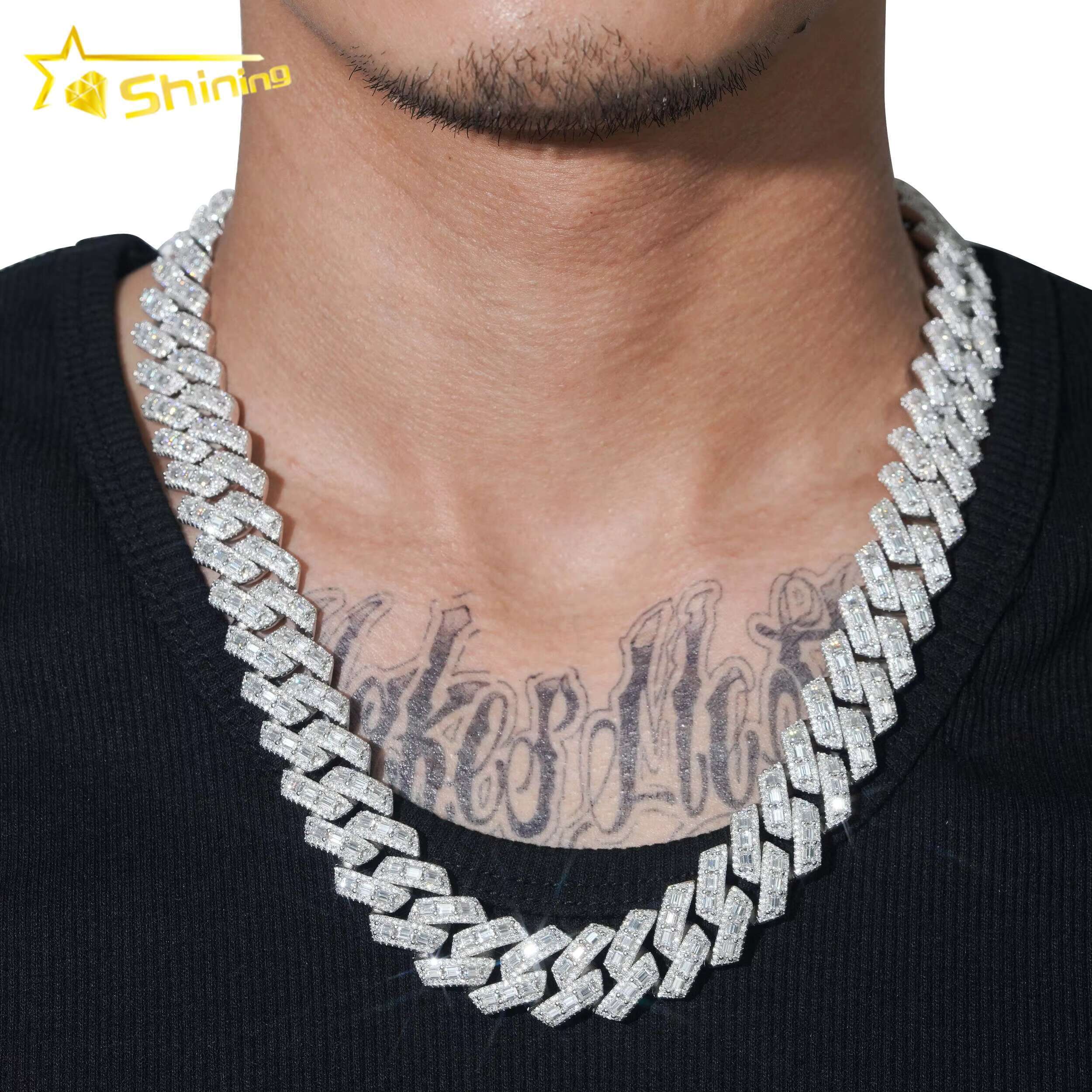 Pass Diamond Tester Rapper Jewelry Iced Out Baguette 18MM 925 Silver Hip Hop Moissanite Cuban Link Chain