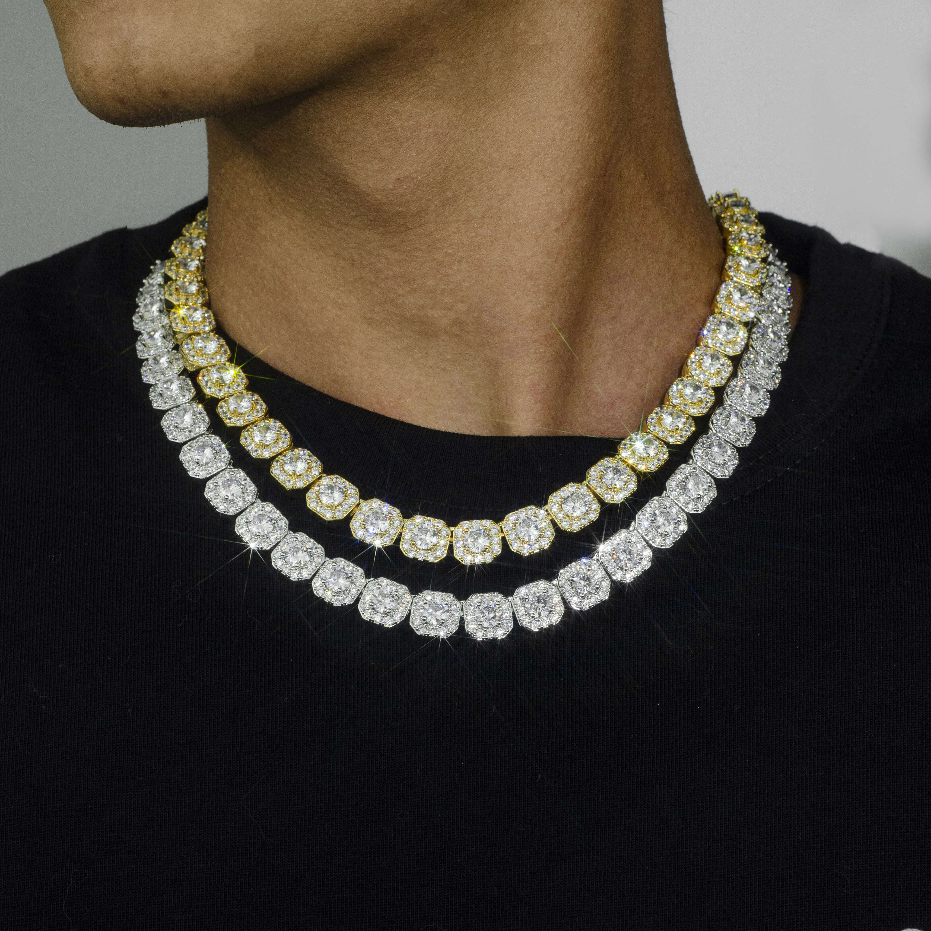 Factory High Quality Moissanite 10MM Square Micro Cluster Tennis Chain Necklace 925 Silver Mens Big Moissanite Tennis Chain