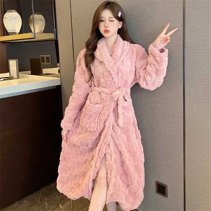 Flannel Bathrobe Sleepwear Womens Sweet Cute Long Robe Autumn Winter Warm Thick Loose Nightgown Lingerie Loose Casual Home Wear C251104