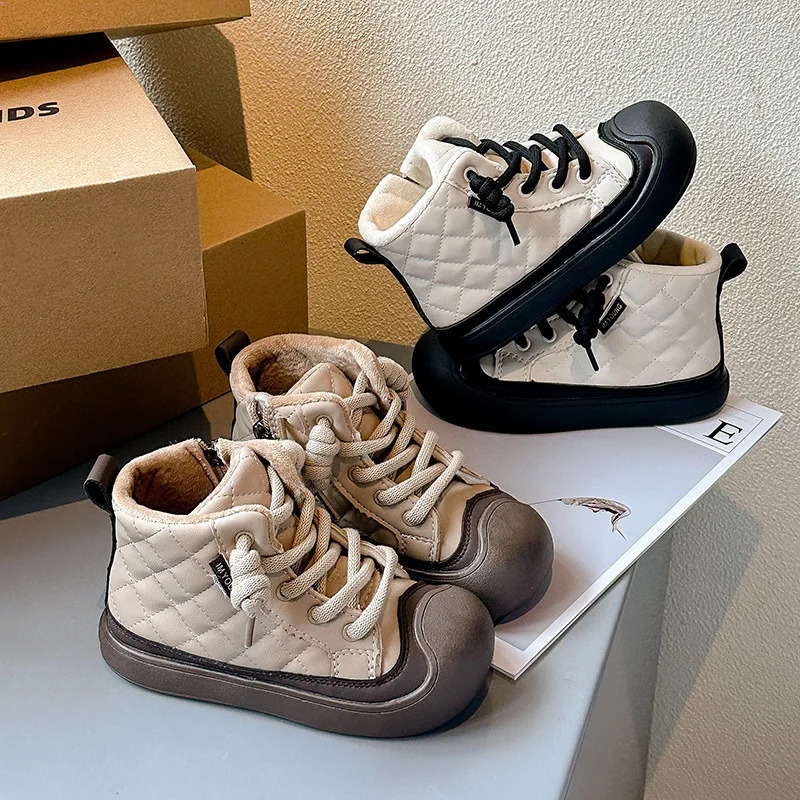 Trendy Plaid Faux Fur Winter Boots for Kids Anti-Slippery Boys And Girls Plush Snow Boots Winter Fashion Childrens Footwear 251112