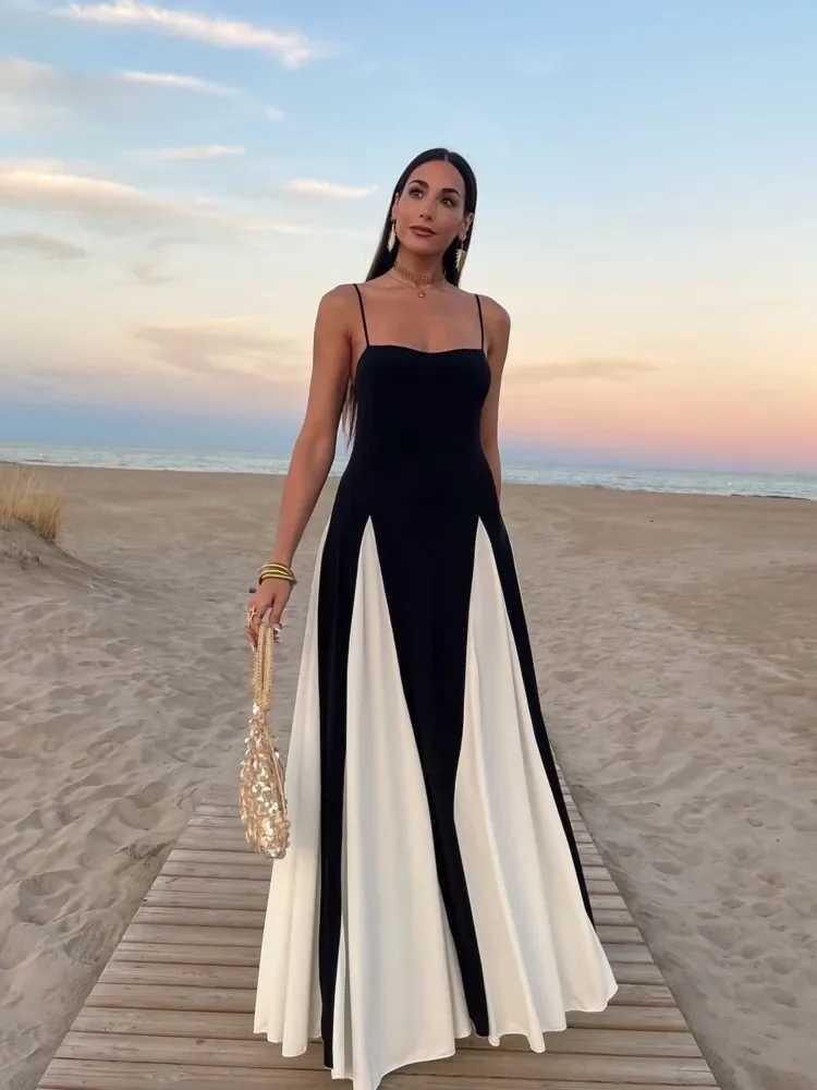 Elegant Black White Dress Color Clash Women Halter Backless Dresses Slveless High Waist Floor Length Dresses Party Gowns X250403