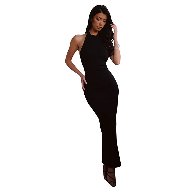 American Pure Desire Style Sexy Open Back Tie Waist Hanging Neck Split Long Wrapped Hip Dress 250403