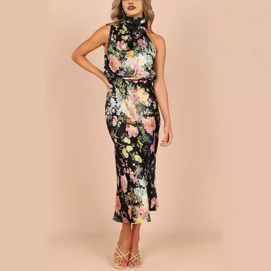 2025 spring/summer new womens clothing light mature temperament elegant hanging neck slim fit sleeveless long dress