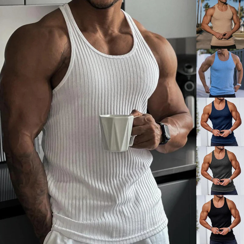 Summer Mens Vest Knitted Vertical Stripes Fitness Sports Leisure Slim Vest I-Shaped Sleeveless Top 250402