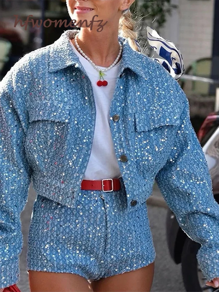 Womens denim sequin shorts set 2-piece long sleeved lapel jacket ultra-thin shorts set for womens spring set 250402