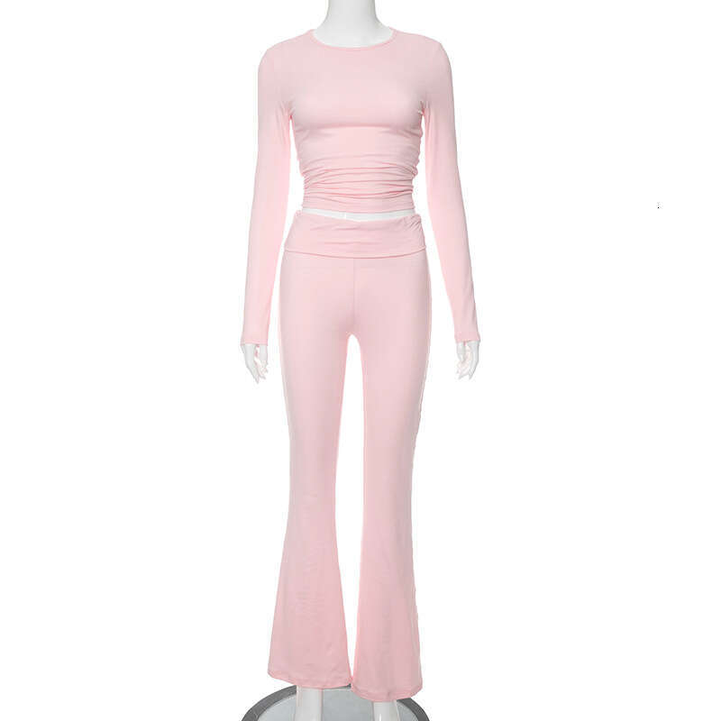 M23ST554 European American women's autumn winter clean color long sleeved fashionable pants two-piece set wholesale, 2025 new item, chic and eleg