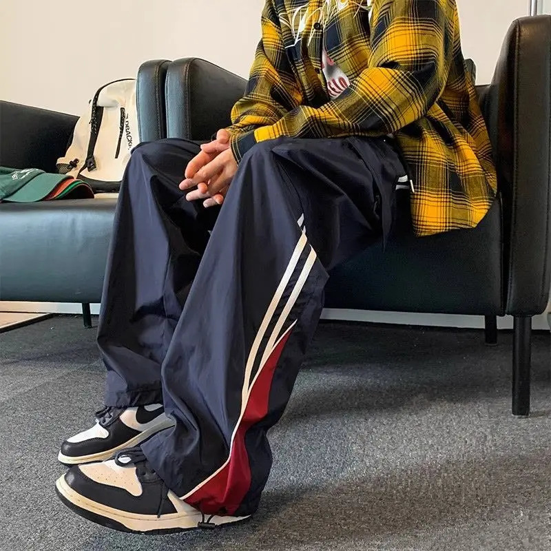 American college style striped casual pants mens spring trend loose high street retro straight wide leg sports pants 250402