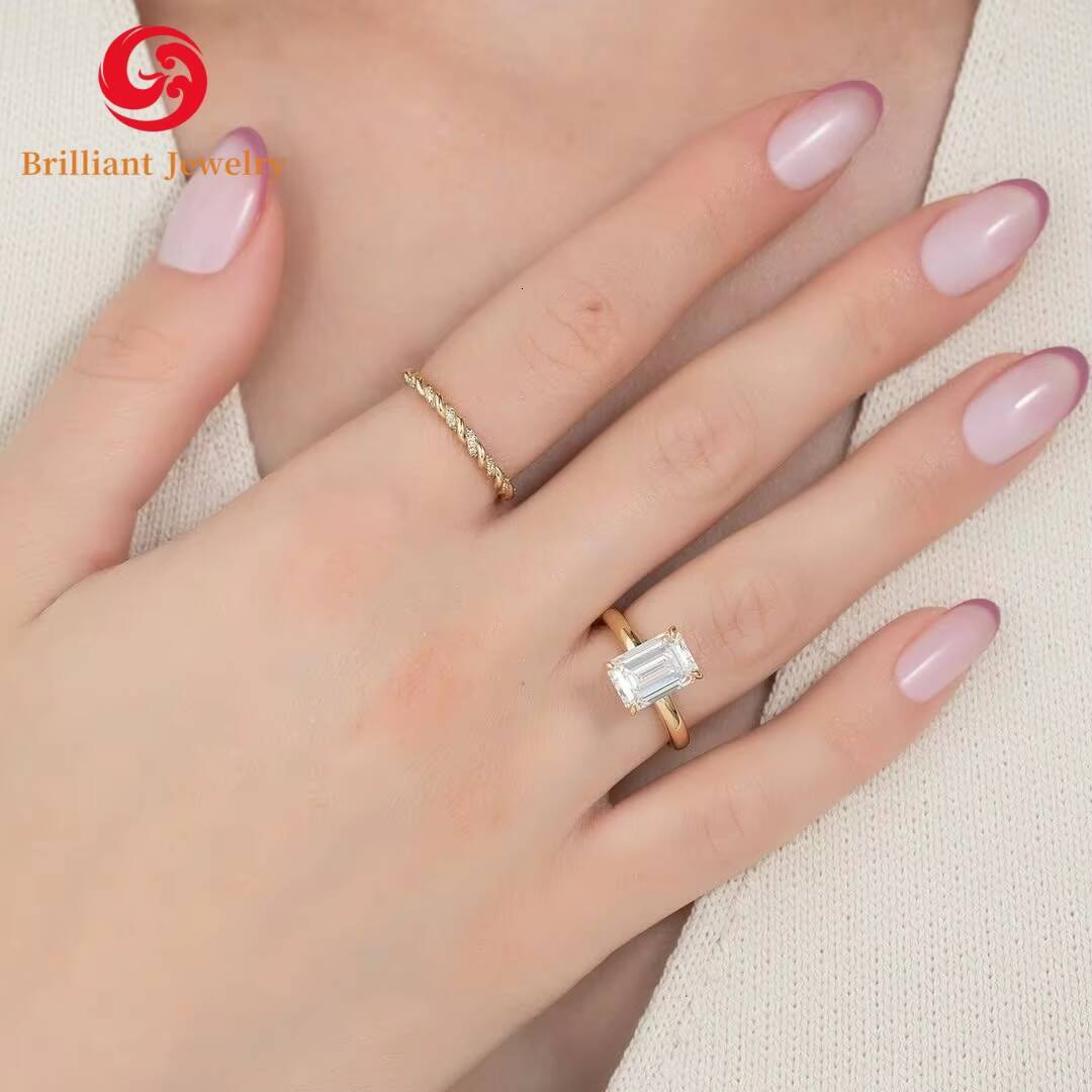 14K Yellow Gold Engagement Ring 2ct 6x8mm Emerald Cut D VVS1 Moissanite Diamond Fine Jewelry for Men Women