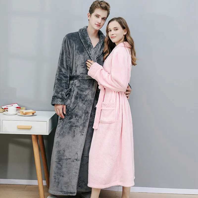 Women Men Flannel Bath Robe Sleepwear 2022 Autumn Winter Extra Long Home Dressing Gown Plush Couple Bathrobe Thick Warm Robes C251104