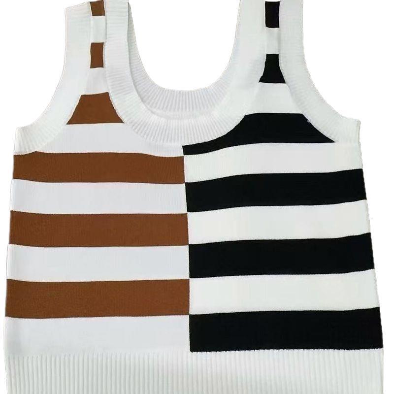 2025 Women's Sexy Tank Top Striped Color blocked New Ice Cool Silk Knitted Shirt Summer Short Sleeve