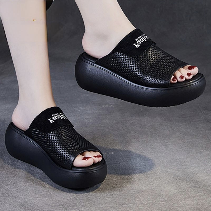 New Designer Sandals With Free Shipping Real Soft Leather Thick Soled Sponge Cake Shoes For Women Wearing Half Slippers Versatile And Stylish Hollow O