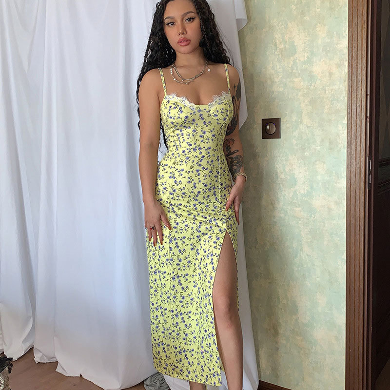 2025 new womens sexy slim fit suspender slit lace strapless small floral dress