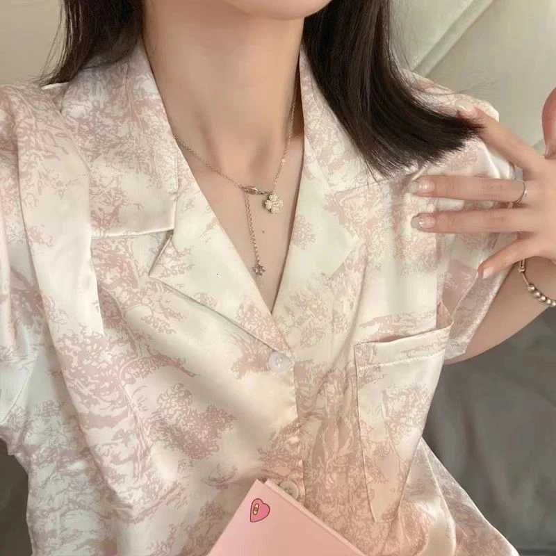 Designer Womens 2pcs Cute Print Short Sleeve Button Top and Shorts Pink Sleepwear Soft Comfy Homewear Casual Loungewear Pajama Set Y251104
