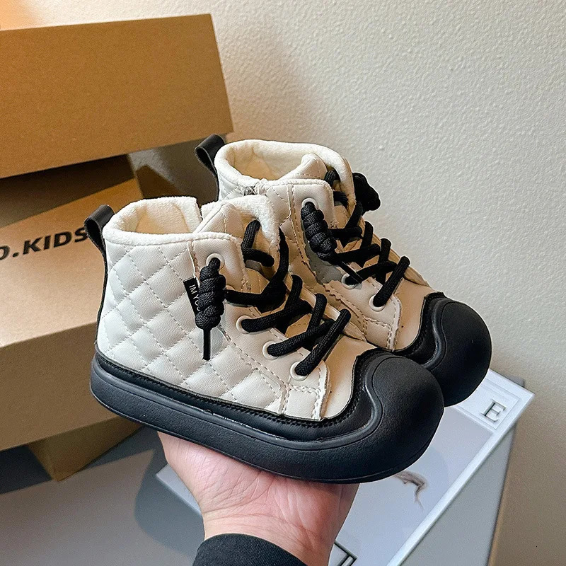 Trendy Plaid Faux Fur Winter Boots for Kids Anti-Slippery Boys And Girls Plush Snow Boots Winter Fashion Childrens Footwear 251112