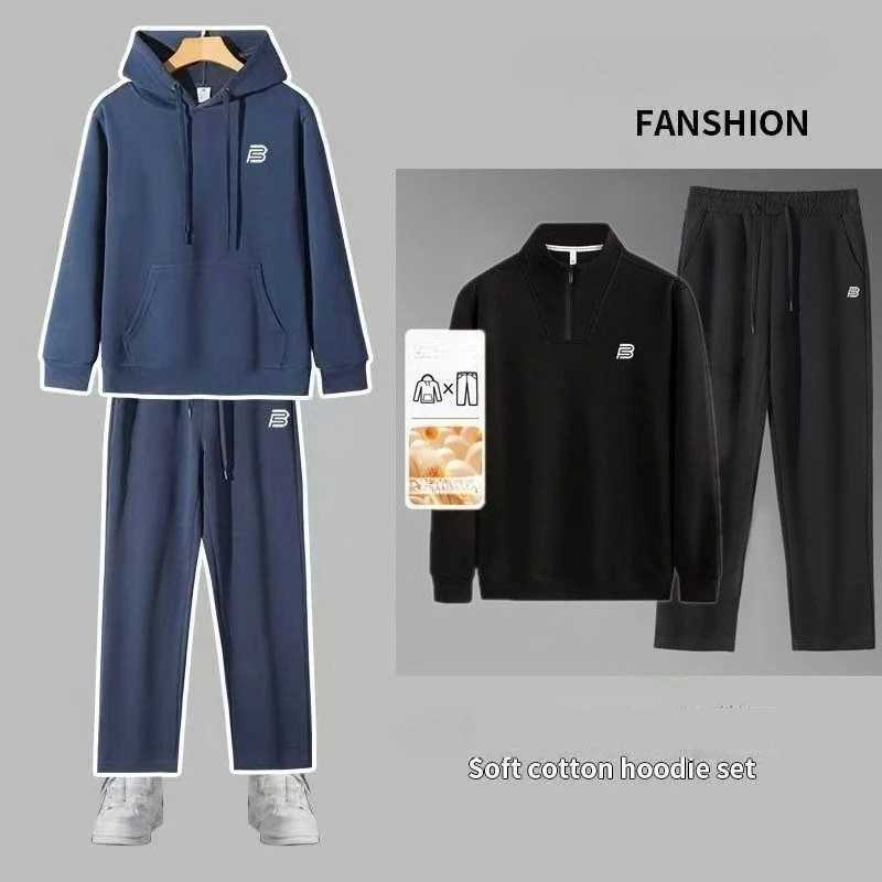 Mens 2pcs FleeceLined Hooded ZipUp Tracksuit Set Casual Sportswear for Gym Running Daily Lounging AllSeason Fit J251104