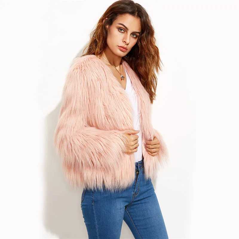 KIDCRKJ Winter Women Faux Fur Coat Round Neck Pink Thick Mink Fur Jacket For Lady Long Detailed Hair Eco Fur Outwear For Female J251103