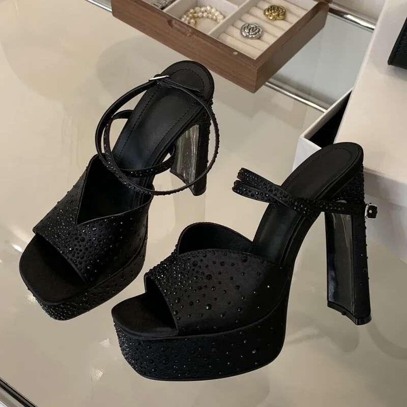 Eilyken Design Crystal Square Toe Woman Sandals Sexy High Heels Ankle Buckle Strap Party Banquet Shoes Atos De Mujer