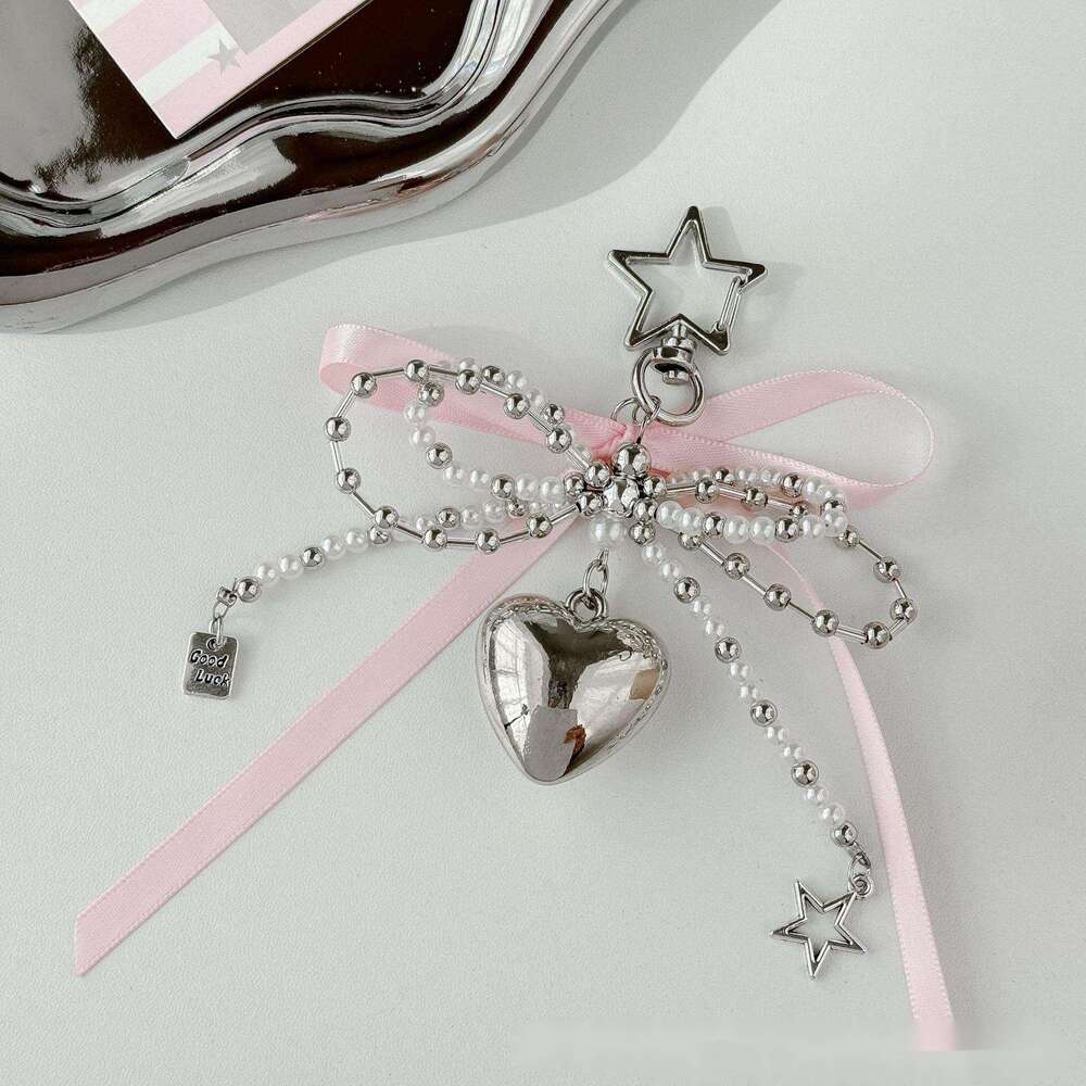 Korean Style Sweet Pearl Bowknot Pendant Silver Heart Keychain Cute Bag Accessory