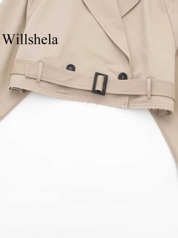 Willshela Women Fashion With Belt Cropped Trench Jacket Vintage Notched Neck Long Sleeve Female Chic Lady Coat Outfits J251103