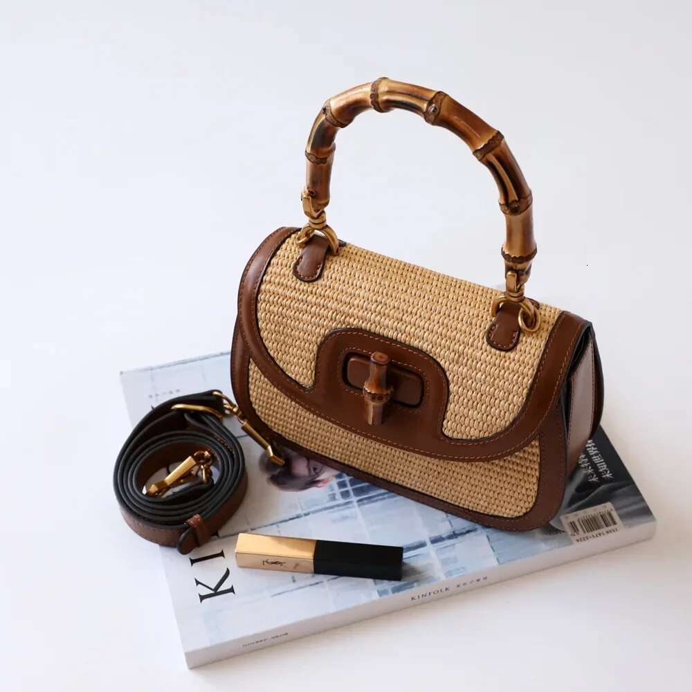 Ladies Genuine Leather Handbags Designer Bag With Natural Bamboo Handle Brandy High-Quality Fashion Accessory For Women
