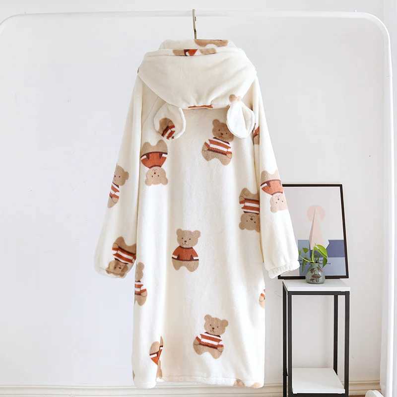 Couple Coral Fleece Hooded Nightgown Flannel Warm Cartoon Sleepwear Robe Loose Casual Home Dress Winter Thickened Loung Wear C251104