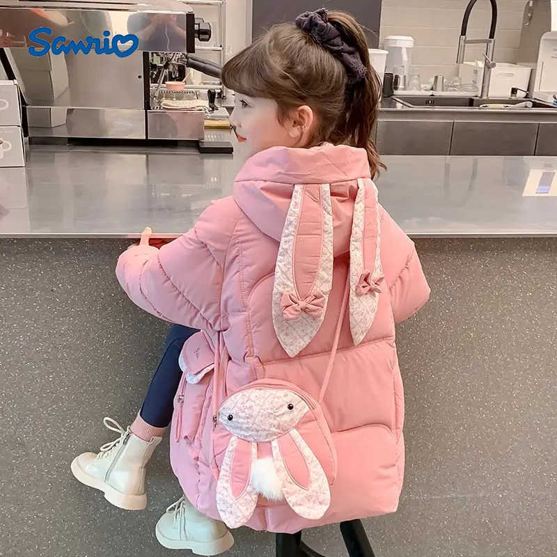 Sanrio Girls Winter Down Jacket 2025 New Design Thickened Long Coat with Bunny Ears Kids Cotton Winterwear H251104