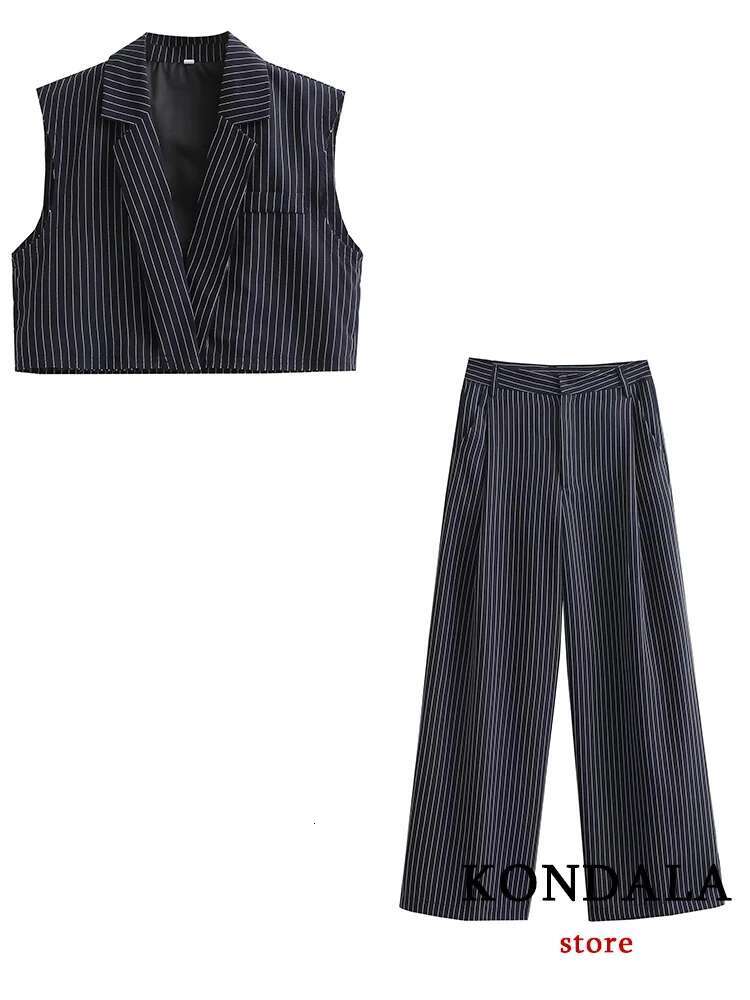 KONDALA Office Lady Striped Blazer Suits Women Fashion 2023 Summer V Neck Sleeveless Blazer+High Waist Wide Leg Long Pants Sets