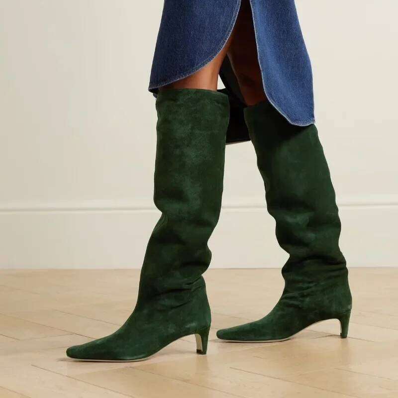 New Autumn Winter Square Toe Low Heeled Suede Long European and American Fashion Black Brown Minimalist Knee High Boots