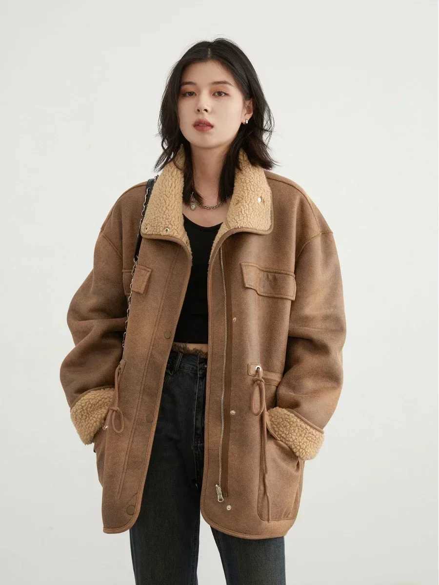 CHIC VEN Womens Jackets Thick Warm Solid Suede Reversible Jacket Motorcycle Outer Coat Loose Female Overcoat Winter Autumn 2023 J251103