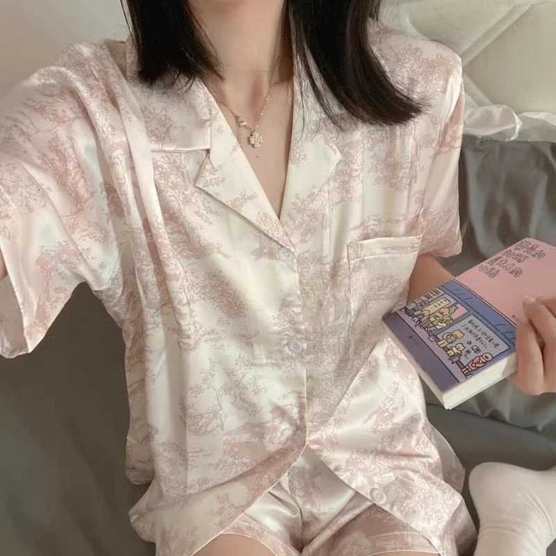 Designer Womens 2pcs Cute Print Short Sleeve Button Top and Shorts Pink Sleepwear Soft Comfy Homewear Casual Loungewear Pajama Set Y251104