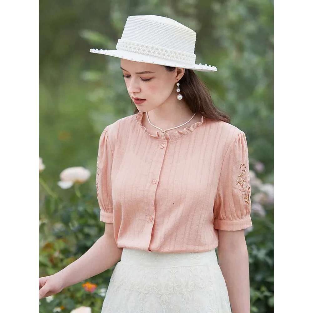 Shirt & Blouse Women Stand Collar Embroidery Short Sleeve Summer New Fresh Temperament Shirts Lady