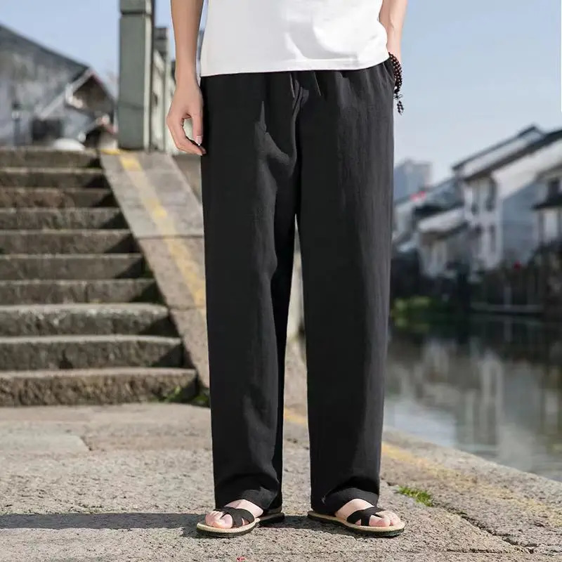 2025 Summer Casual Linen Pants For Men Loose-fit Straight-leg Cropped Pants Chinese Style Summer Thin Cotton Linen Trousers 250402