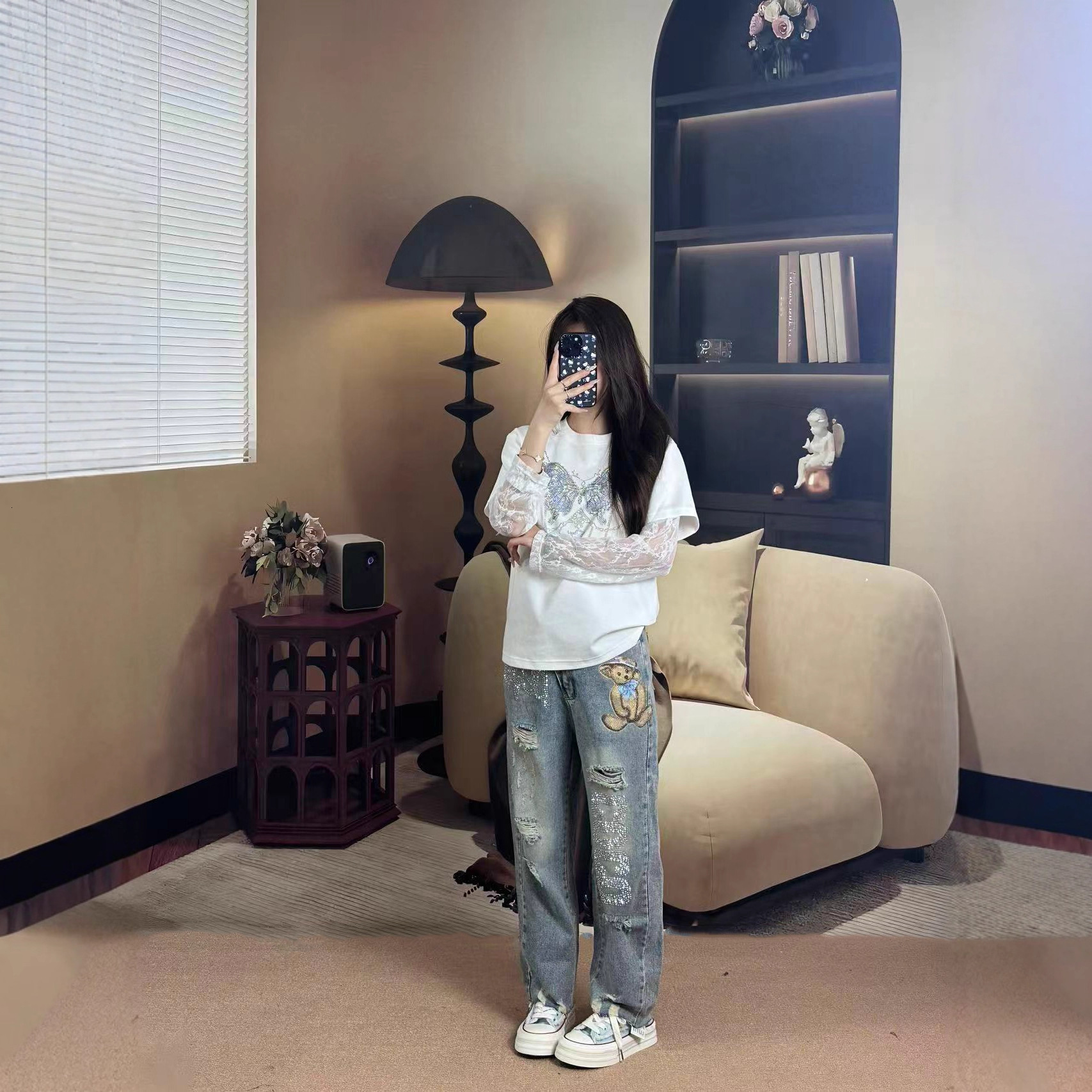 Summer Lace Short Sleeve Butterfly Rhinestone Loose T-Shirt White Patchwork Fake Two-Piece Top Women's Fashion Versatile ddmymoon