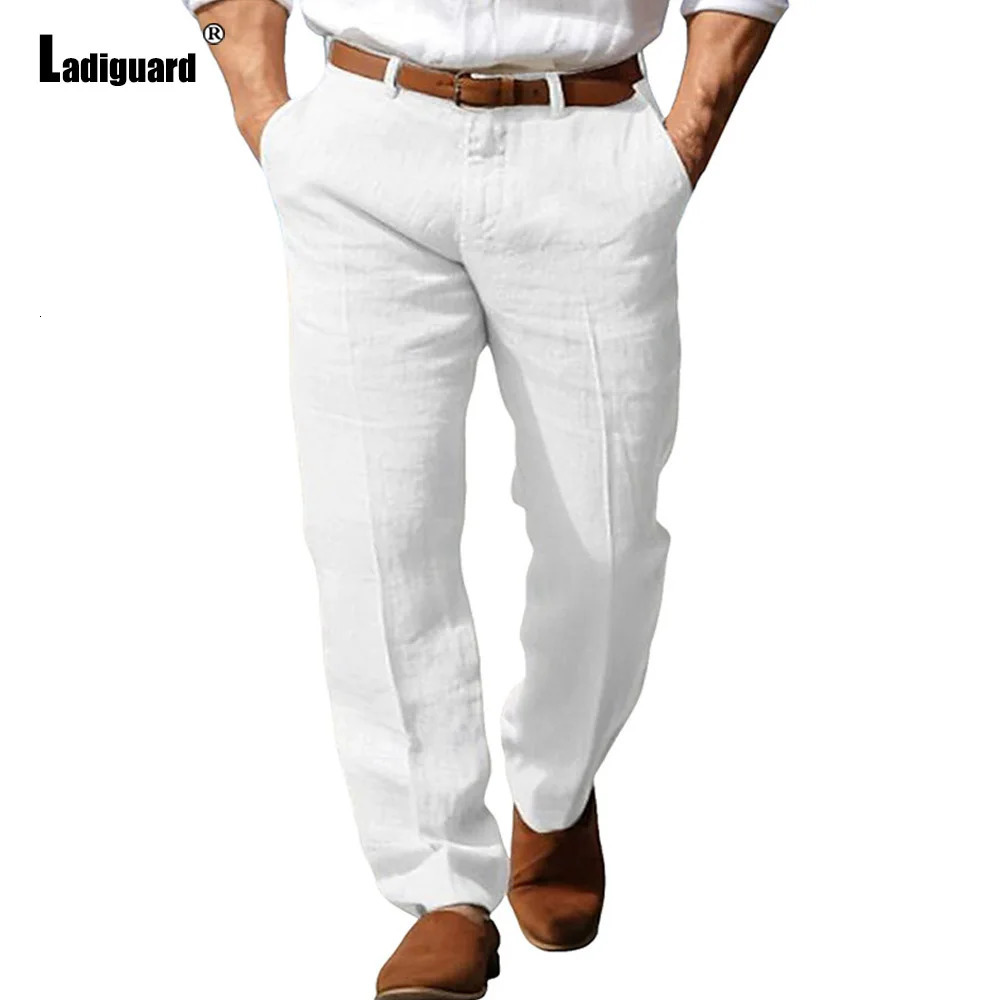 Mens Stand Pockets Cotton Linen Pants Solid Light Gray Ankle-Length Trouser Plus Size Mens Casual Beach Straight pants 250402