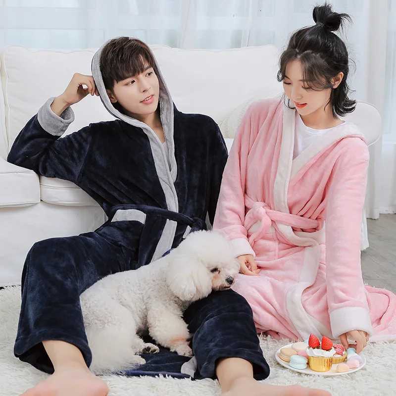 Autumn Winter New Nightwear Flannel Hoode Couple Long Robe Sleepwear Home Clothes Loose Coral Fleece Bathrobe Gown Lounge Wear C251104