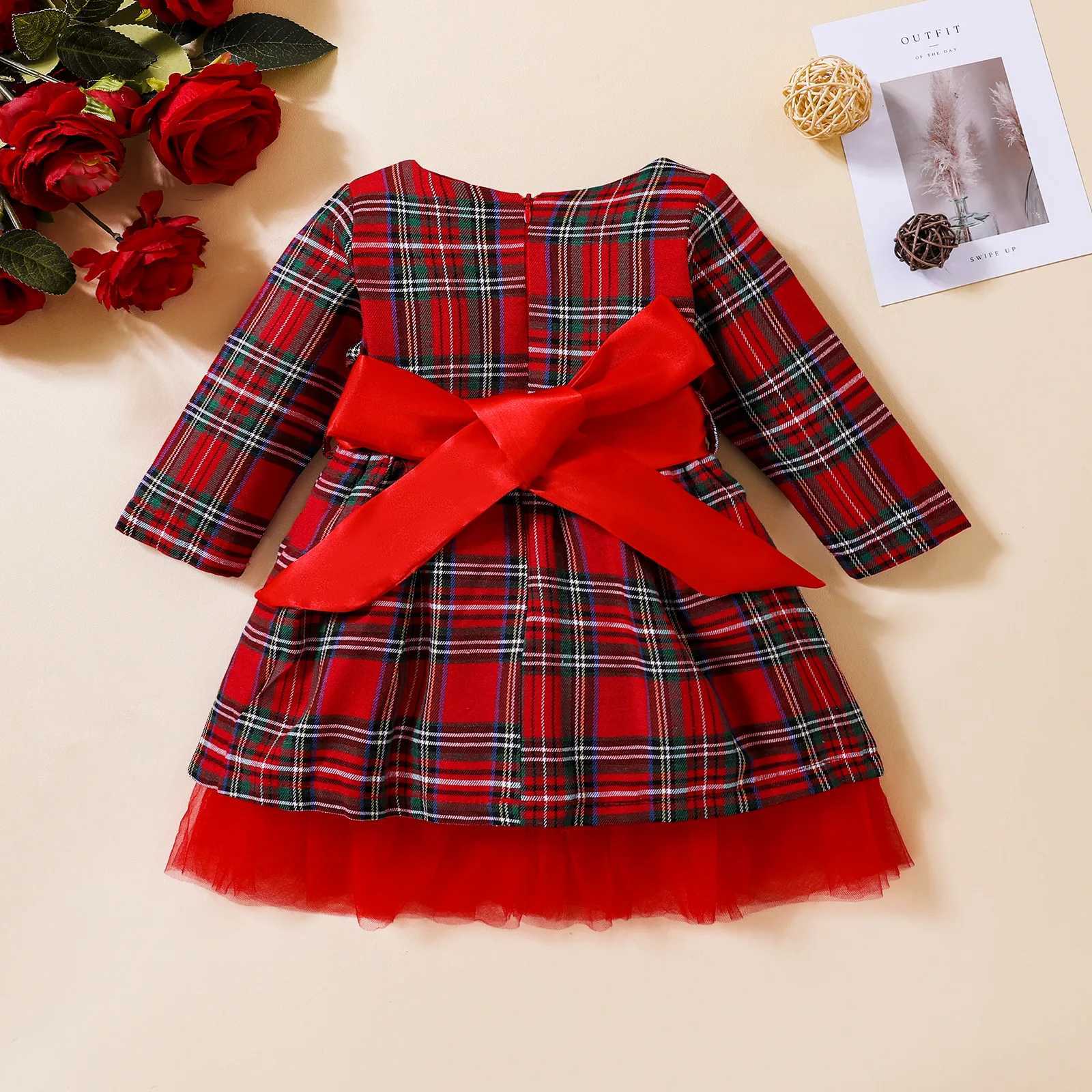 Toddler Girl Christmas Dress Red Green Plaid Dress With Bow Kids Outfits For Fall/Winter Long Sleeve Children Party Clothing C251104