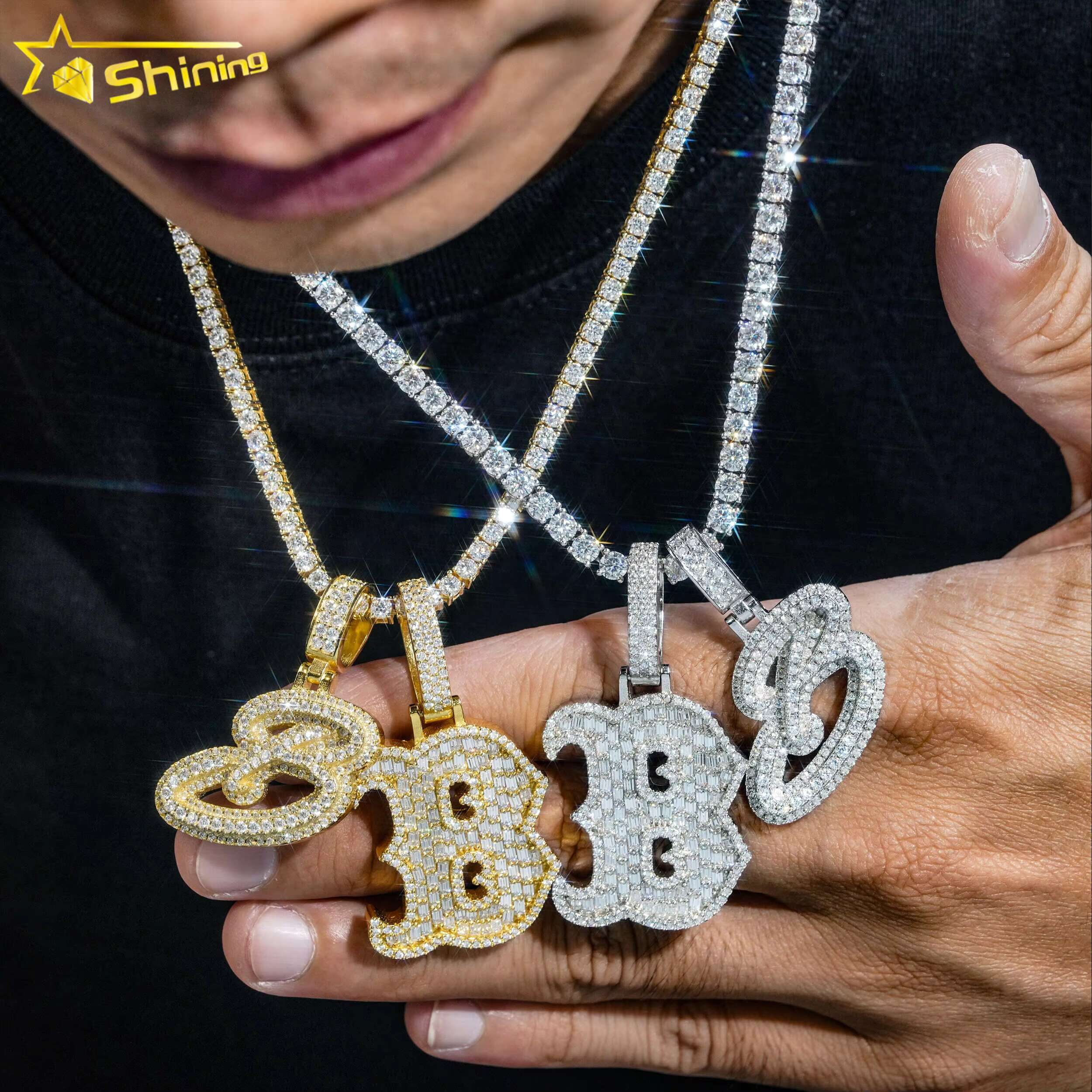 Iced Out Hip Hop Jewelry 925 Sterling Silver Gold Plating VVS Diamond Necklace Initial Letter Moissanite Pendant