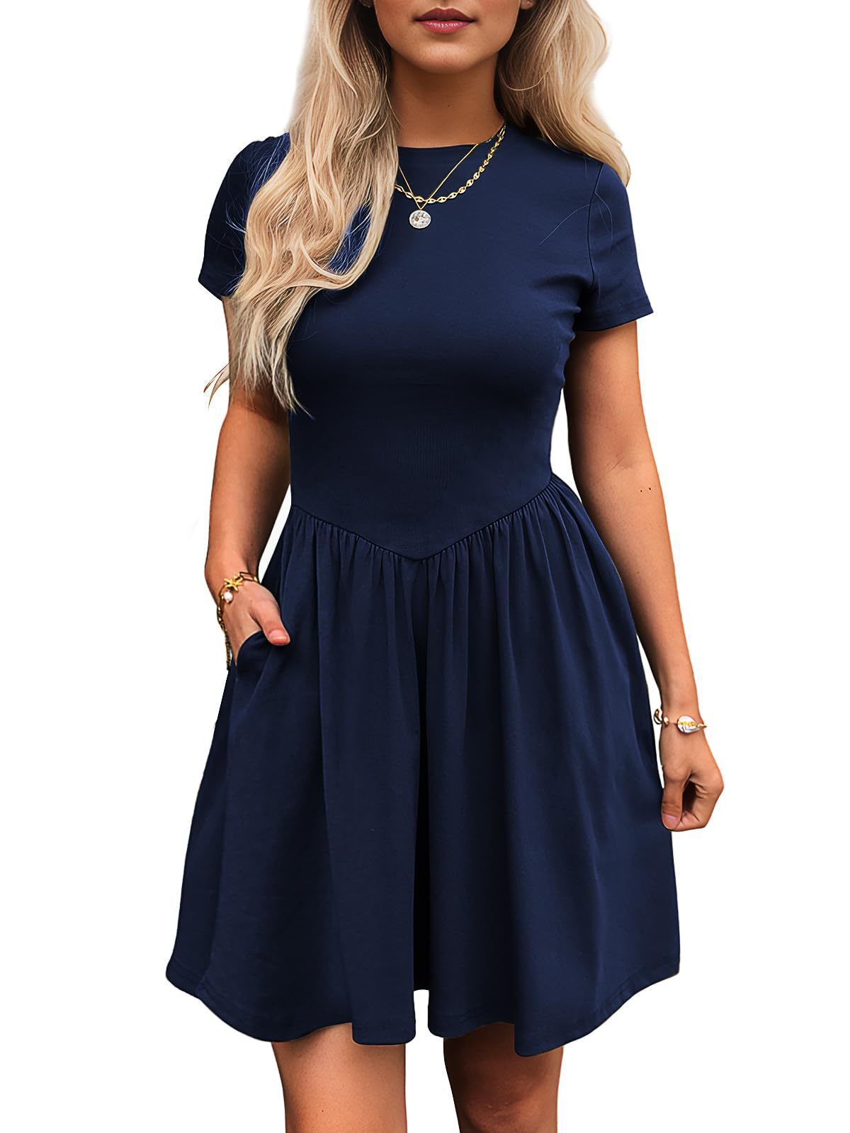 New 2025 spring/summer womens casual round neck short sleeved pleated solid color dress