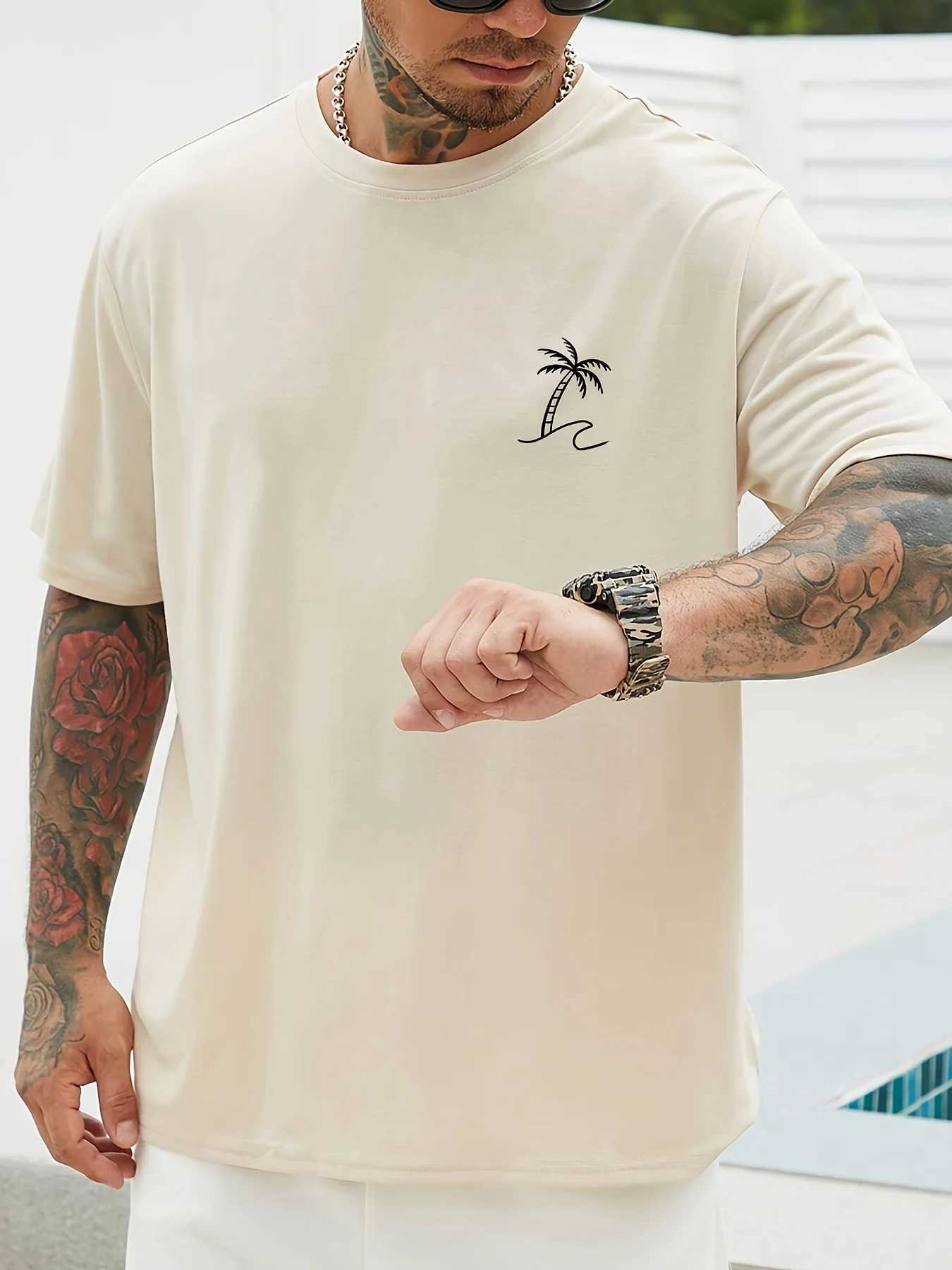 Summer mens 100% pure polyester sports casual loose fit plus size coconut tree pattern printed round neck short sleeved T-shirt W250403